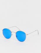 Asos Design Metal Round Sunglasses In Silver With Blue Lens - Silver
