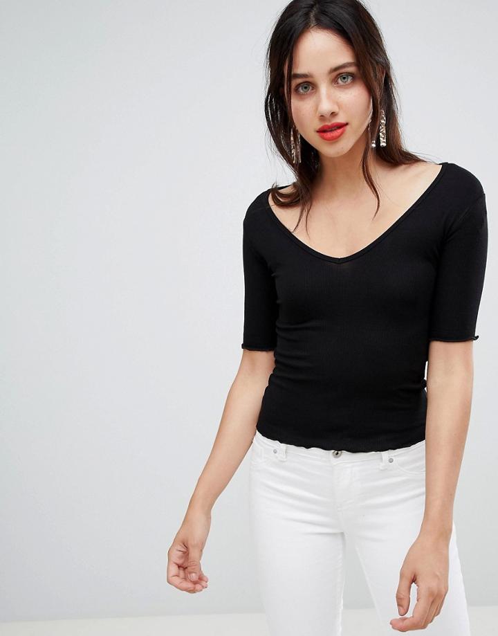 Stradivarius Ribbed V Neck T Shirt In Black - Black