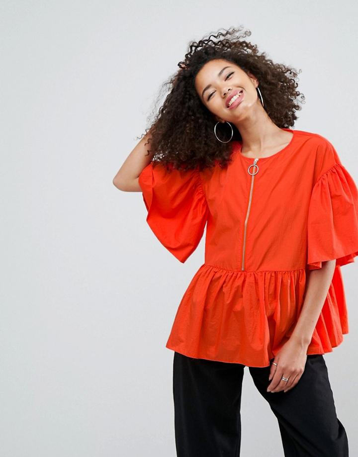 Asos Premium Smock Top With Oversized Ring Pull - Orange