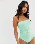 Prettylittlething Bandeau Swimsuit With Shell Buckle Detail Belt In Turquoise - Green