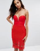 Rare London Sweetheart Pencil Dress With Crochet Lace Skirt - Red