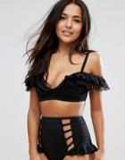 Asos Fuller Bust Neoprene Frill Lattice Bardot Dot Mesh Bikini Top Dd-f - Black