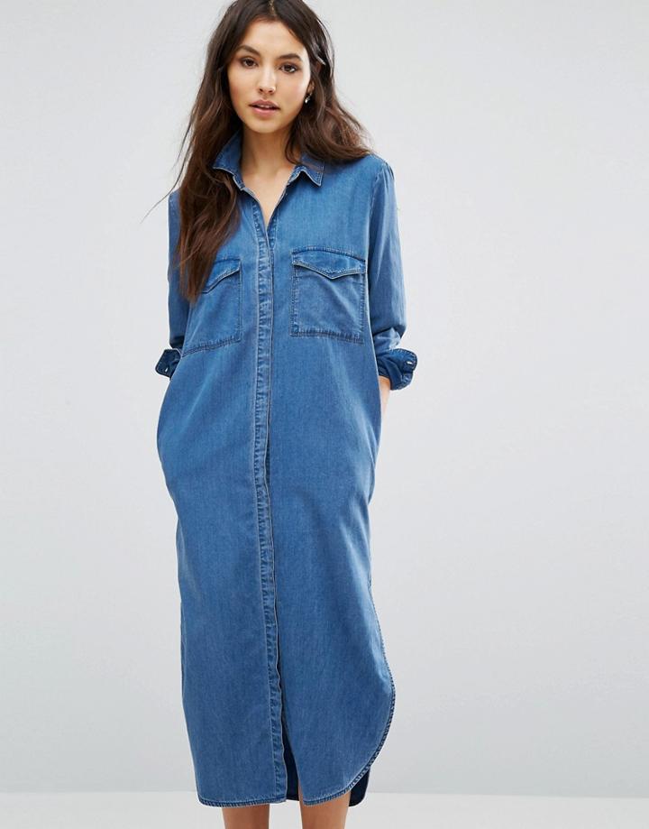 Only Long Denim Shirt Dress - Blue