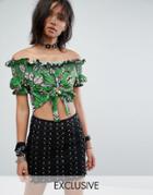 Milk It Vintage Off Shoulder Top With Shirring In Floral - Green