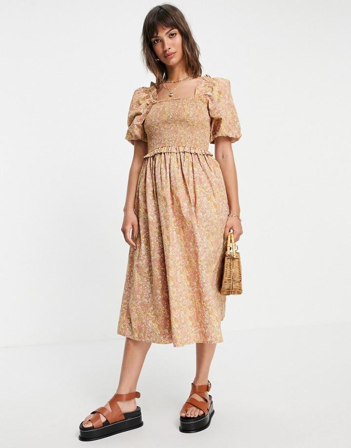 Y.a.s Cotton Puff Sleeve Midi Dress In Beige Floral - Multi