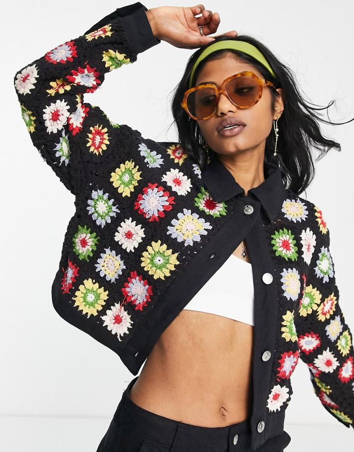 Bershka Crochet Floral Print Jacket In Multi