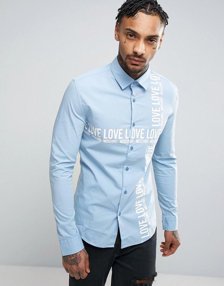Love Moschino Shirt With Text Print In Slim Fit - Blue