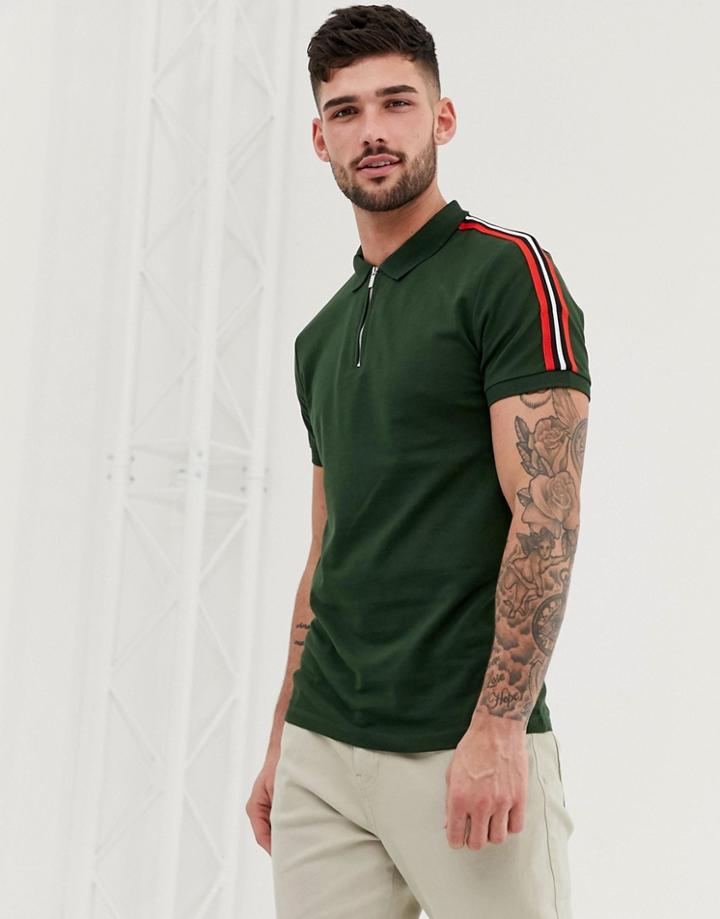 Bershka Join Life T-shirt With Taping And Half Zip In Green - Green