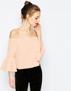 Asos Off The Shoulder Top With Ruffle Sleeve - Pink