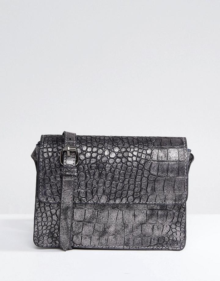 Pieces Metallic Croc Effect Cross Body Bag - Gray