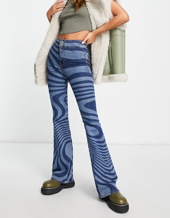 Topshop Stretch Flare Jean In Blue Swirl Print-blues