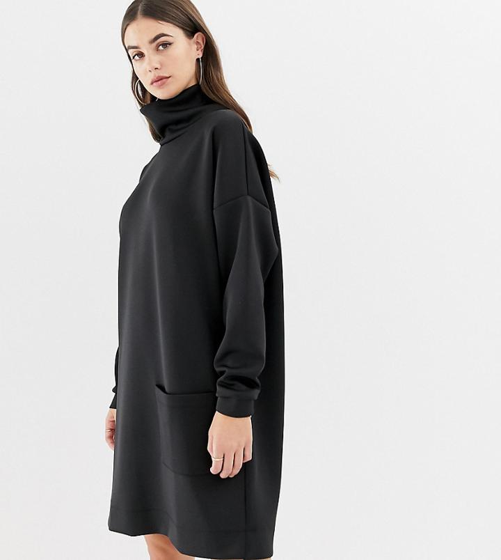 Asos Design Tall Funnel Neck Scuba Sweat Dress With Patch Pocket - Black