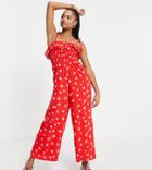 Miss Selfridge Petite Strappy Shirred Jumpsuit In Red Stamp Rose - Red