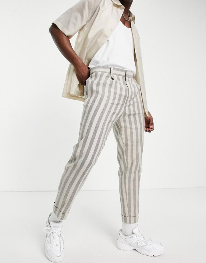 Asos Design Tapered Stripe Smart Pants In Ecru Linen-neutral
