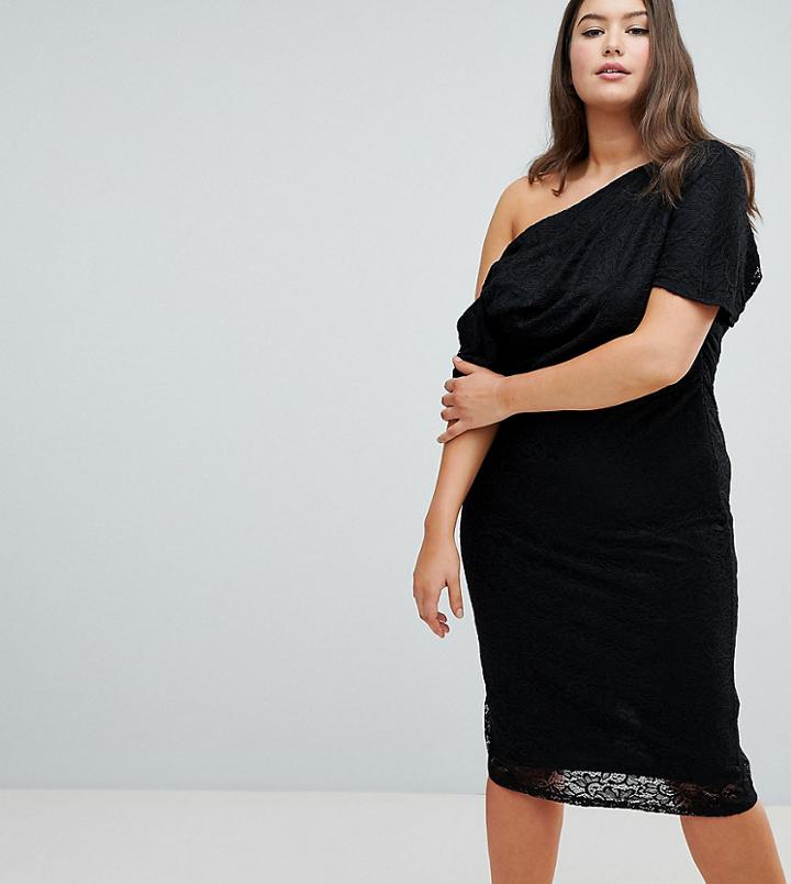 Asos Design Curve Pleated Shoulder Lace Midi Dress-black