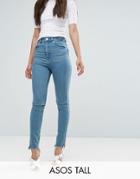 Asos Tall Farleigh High Waist Slim Mom Jeans In Cynthia London Blue With Side Tabs And Step Hem - Blue