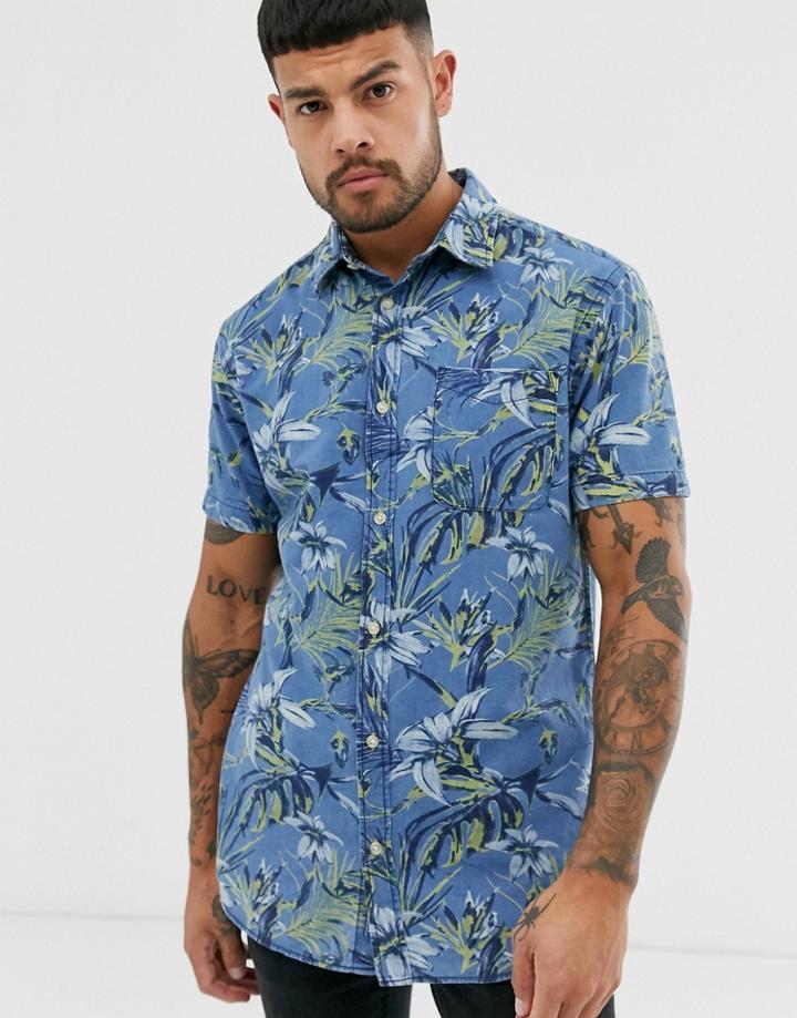 Jack & Jones Originals Printed Short Sleeve Shirt In Blue - Silver