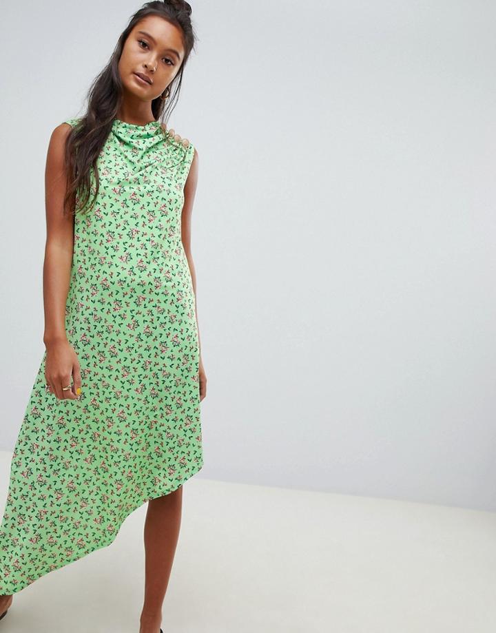 Asos Design Ditsy Print Midi Dress With Button Detail-multi
