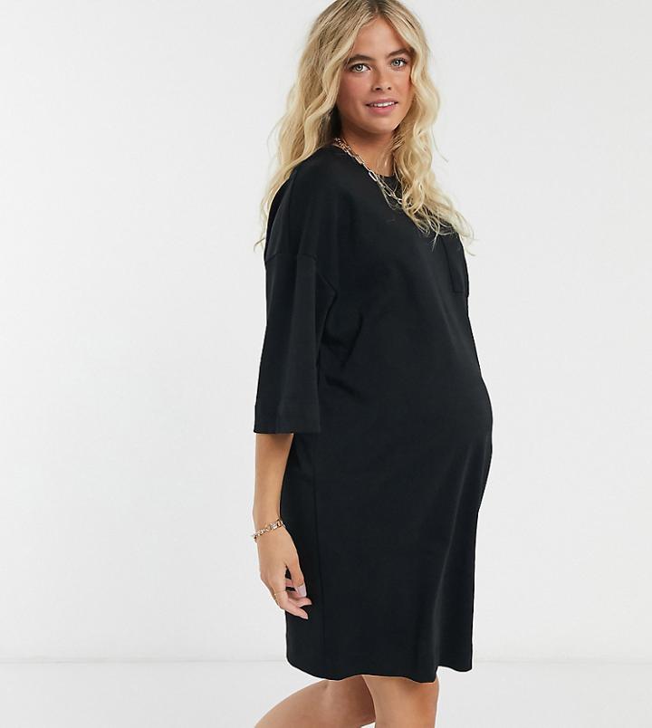 Asos Design Maternity Oversized Winter Weight T-shirt Dress With Pocket In Black