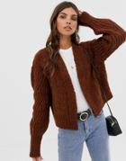 Asos Design Chunky Volume Sleeve Cardigan With Stitch Detail - Brown