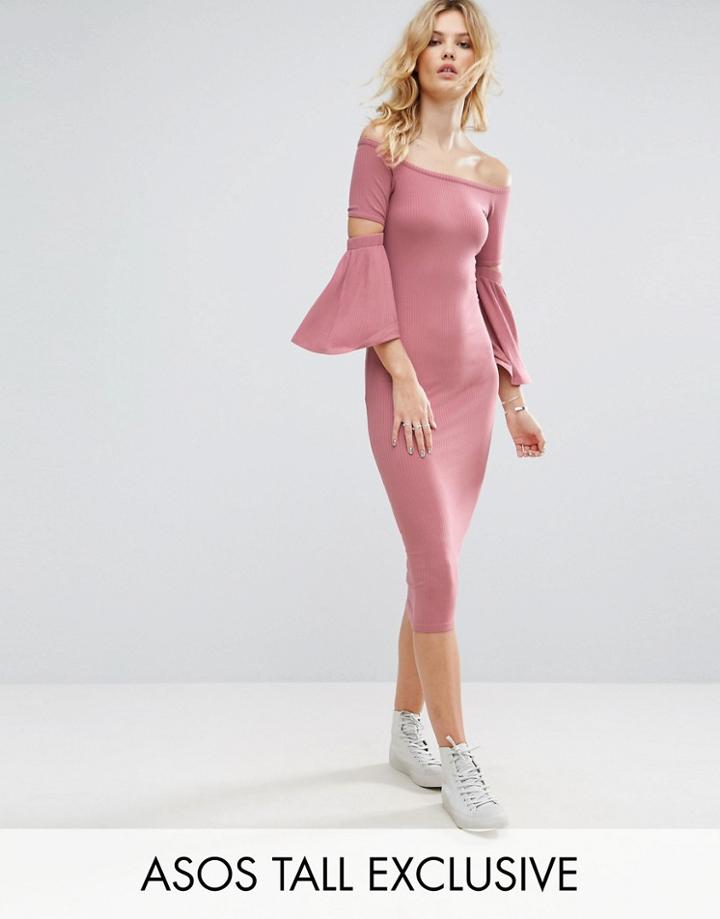 Asos Tall Ribbed Fluted Sleeve Midi Bodycon Dress - Pink