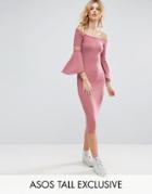 Asos Tall Ribbed Fluted Sleeve Midi Bodycon Dress - Pink