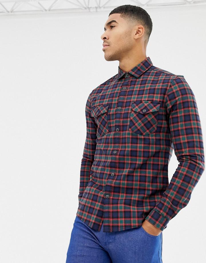 Asos Design Skinny Western Check Shirt In Navy