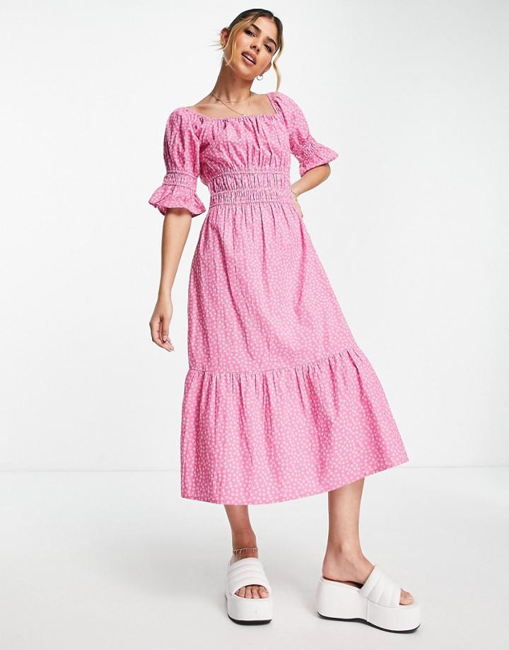 Influence Puff Sleeve Tiered Midi Dress Pink Polka Dot