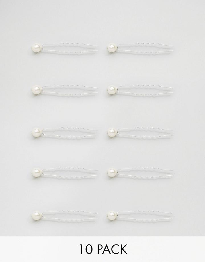Asos Pack Of 10 Pearl Top Hair Pins - Silver