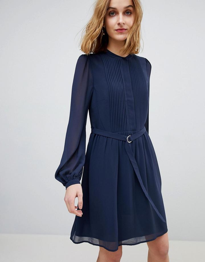 Warehouse Blouson Sleeve Belted Chiffon Shirt Dress - Navy