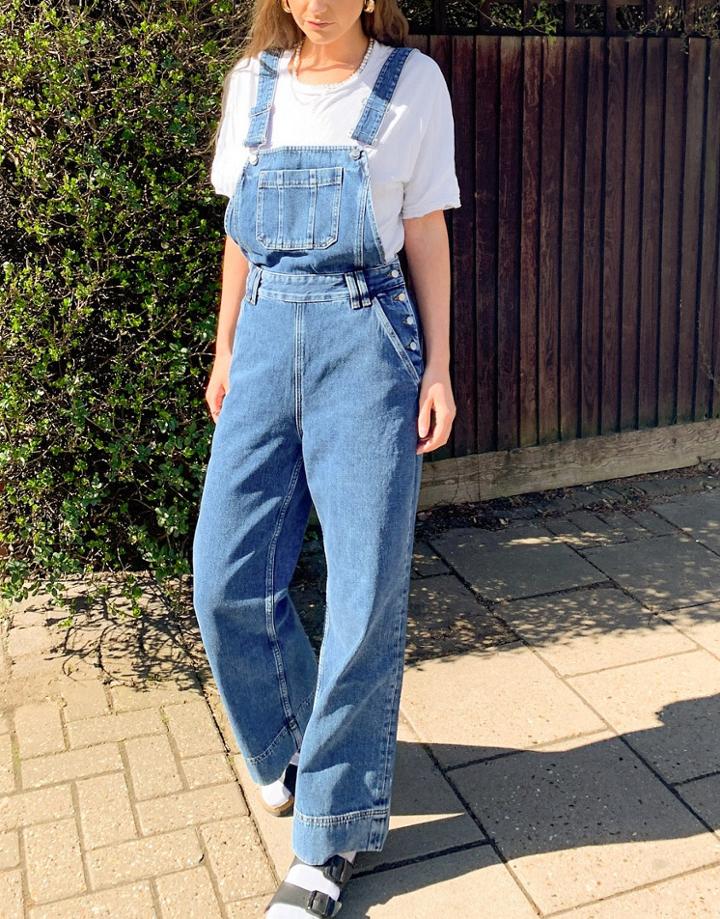 & Other Stories Organic Blend Cotton Pocket Detail Long Overalls In Mid Blue-blues