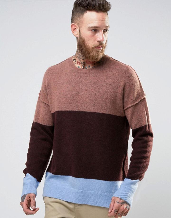 Asos Oversized Sweater With Block Stripes And Burst Seams - Pink