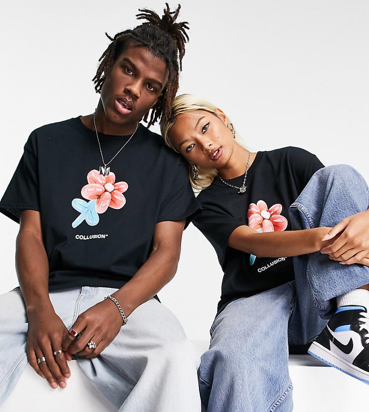Collusion Unisex Balloon Flower T-shirt In Black