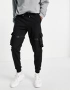 Asos Design Utility Cargo Sweatpants With Multi Pockets & Strapping-black