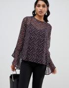 Yas Printed Blouse With Fluted Sleeve Detail-multi