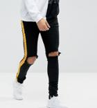 Sixth June Muscle Fit Super Skinny Jeans In Black With Yellow Stripe And Distressing - Black
