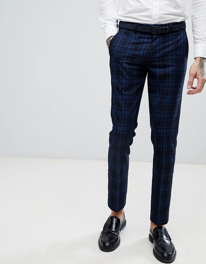 Farah Skinny Suit Pants In Check - Navy