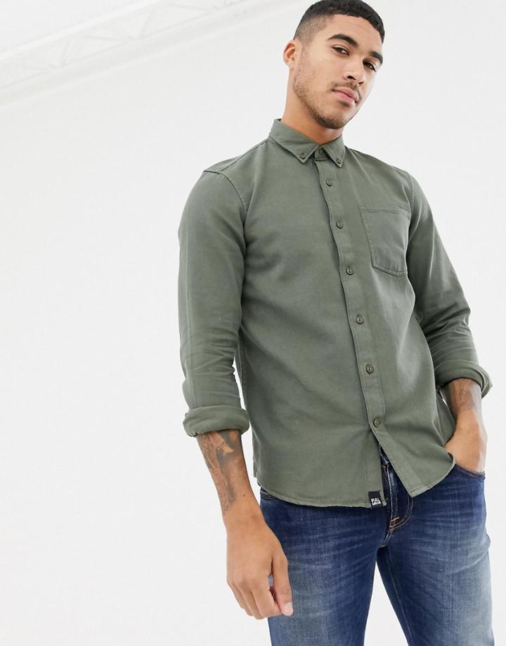 Pull & Bear Regular Fit Denim Shirt In Khaki - Green