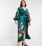 Asos Edition Curve Satin Belted Midi Dress With Floral Embroidery In Forest Green