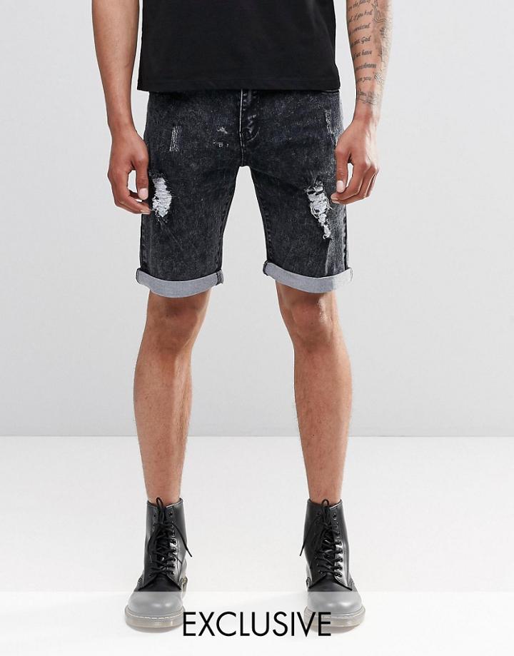 Liquor & Poker Slim Distressed Denim Shorts Black Acid Wash - Black Acid Wash