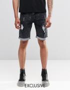Liquor & Poker Slim Distressed Denim Shorts Black Acid Wash - Black Acid Wash