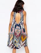 Brave Soul Satin Printed Dip Hem Swing Dress With Cut Out Back - Multi
