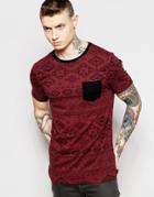 Asos Muscle T-shirt With All Over Geo-tribal Print And Contrast Pocket - Vineyard Wine