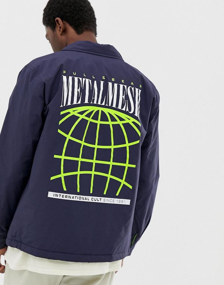 Pull & Bear Coach Jacket In Navy With Neon Details - Navy
