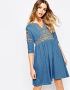 Asos Denim Embroidered Smock Dress In Mid Wash Blue - Mid Wash Blue