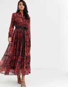 Hope & Ivy Tie Waist Shirt Dress With Button Front In Baroque Bird Print - Multi