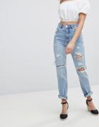 Rolla's Original Straight Vintage Look Rigid Jean With Rips - Blue