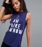 Asos 4505 Tall Reflective Running Tank With 'i Am Here I Am Now' Print - Navy