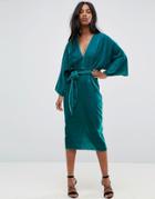 Asos Velvet Plunge Kimono Midi Dress With Tie Waist - Green