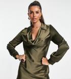Flounce London Tall Satin Mini Shirt Dress In Olive Green